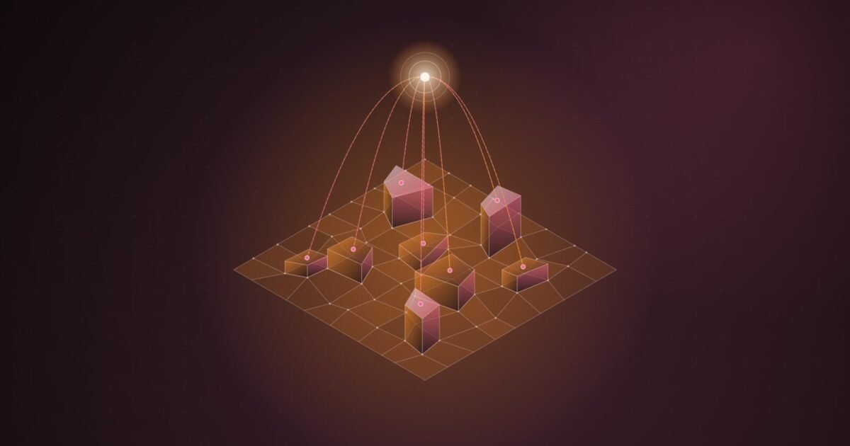 Abstract illustration: an uneven grid of raised tiles tethered to a single glowing point