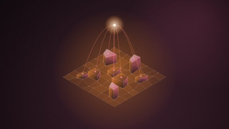 Abstract illustration: an uneven grid of raised tiles tethered to a single glowing point