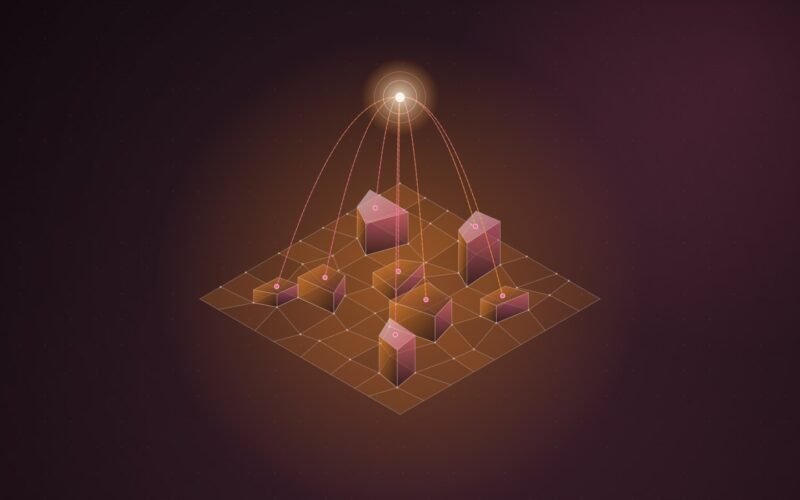 Abstract illustration: an uneven grid of raised tiles tethered to a single glowing point