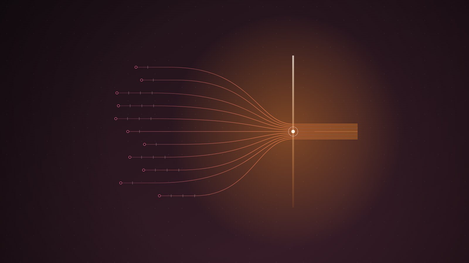 Eleven timelines start at staggered points on the left and curve together to meet at a single glowing vertical marker, continuing as one tight bundle.