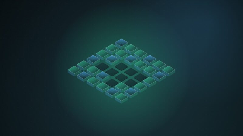 Abstract illustration of an isometric grid of glowing teal and blue tiles with a dark block of switched-off tiles at its centre, on a deep teal background