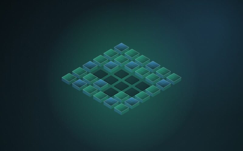 Abstract illustration of an isometric grid of glowing teal and blue tiles with a dark block of switched-off tiles at its centre, on a deep teal background