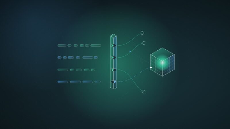 Abstract illustration: data streams passing a switch gate, with one leaking into a lattice