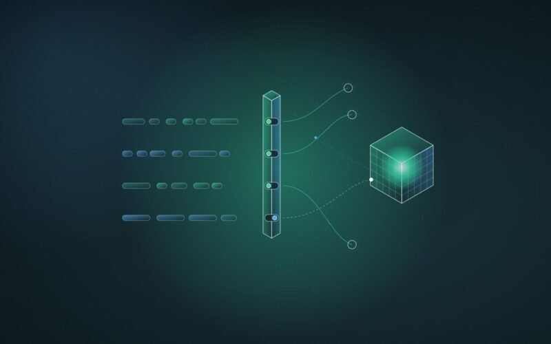 Abstract illustration: data streams passing a switch gate, with one leaking into a lattice