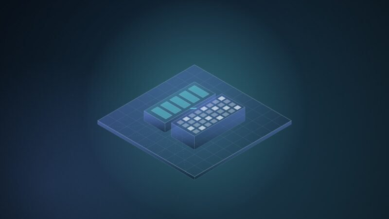 Abstract isometric illustration of two raised chip dies, one with long cyan cores and one with a grid of small cells, sitting together on one large shared plate, on a deep blue-teal gradient.