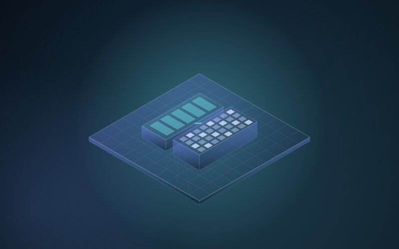 Abstract isometric illustration of two raised chip dies, one with long cyan cores and one with a grid of small cells, sitting together on one large shared plate, on a deep blue-teal gradient.