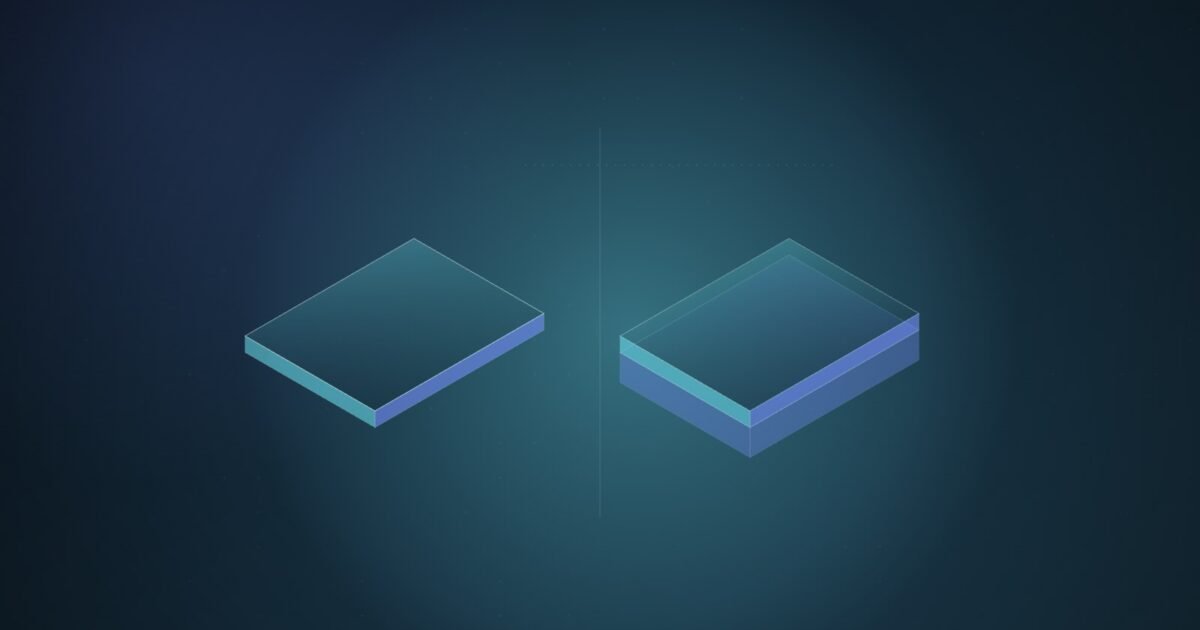 Abstract illustration of two identical isometric laptop slabs, the right one raised on an extra translucent layer, on a dark teal gradient