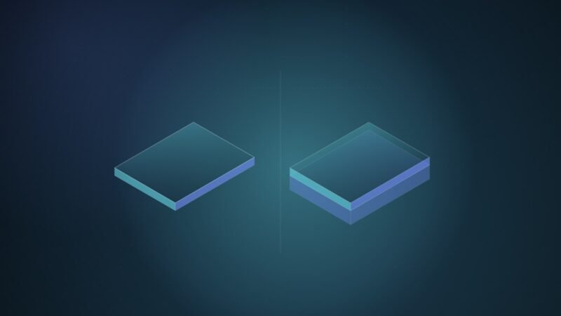 Abstract illustration of two identical isometric laptop slabs, the right one raised on an extra translucent layer, on a dark teal gradient