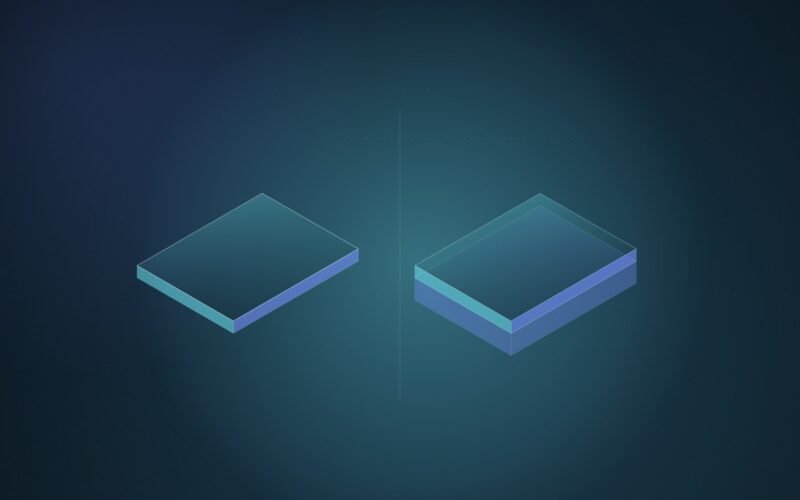 Abstract illustration of two identical isometric laptop slabs, the right one raised on an extra translucent layer, on a dark teal gradient
