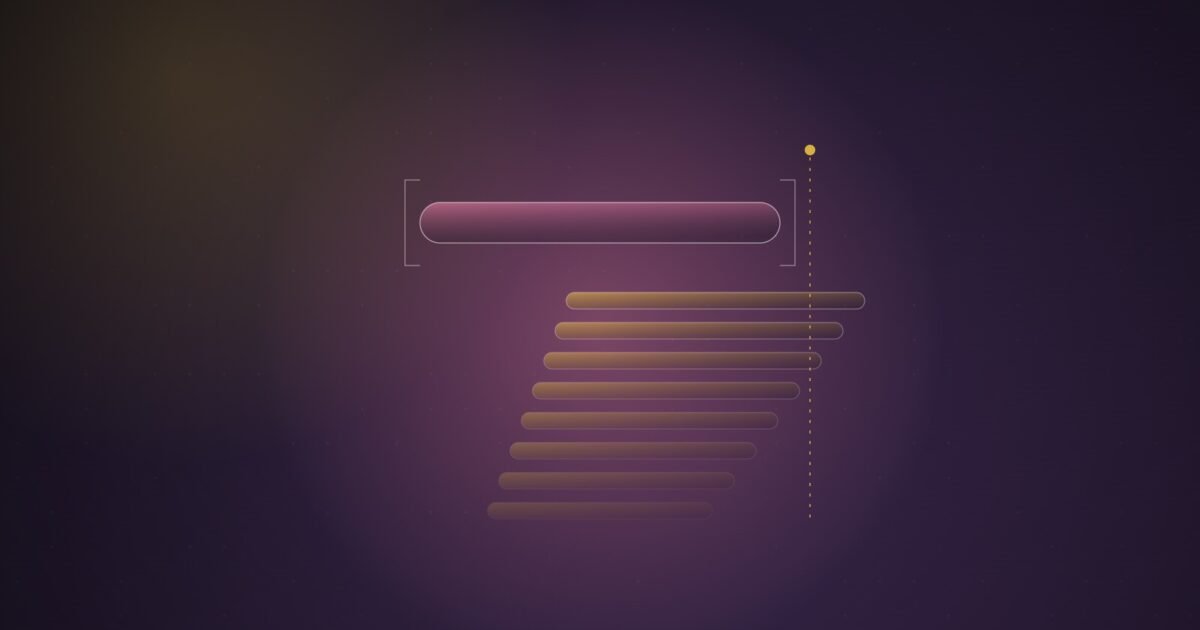 Abstract illustration of a fixed glowing bar locked in place while thin layers beneath it step upward and outward past its bracketed edge, in pink and gold on a dark purple field
