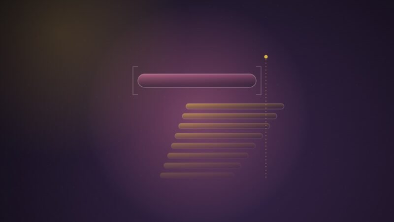 Abstract illustration of a fixed glowing bar locked in place while thin layers beneath it step upward and outward past its bracketed edge, in pink and gold on a dark purple field