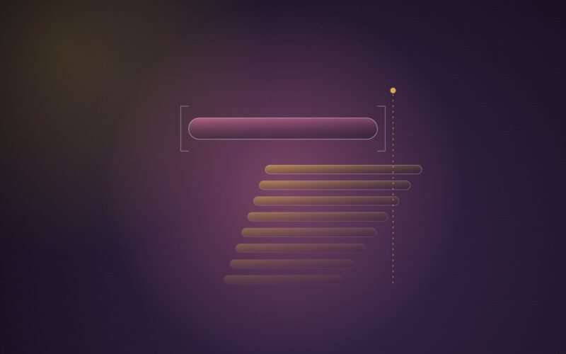 Abstract illustration of a fixed glowing bar locked in place while thin layers beneath it step upward and outward past its bracketed edge, in pink and gold on a dark purple field