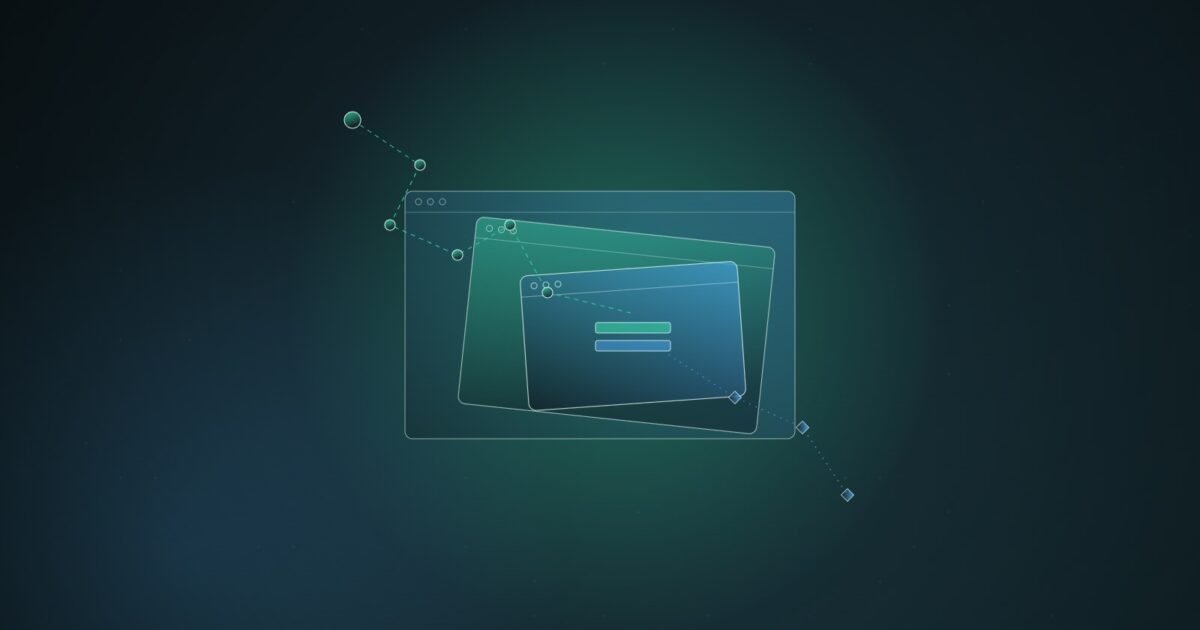 Abstract illustration of three nested browser windows, the innermost tilted and offset, with a dotted chain of nodes leading into it and a second dotted path relaying out, on a dark teal background.