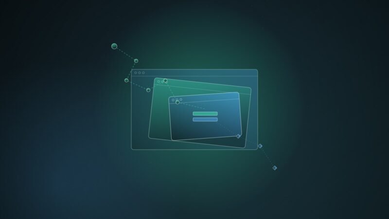 Abstract illustration of three nested browser windows, the innermost tilted and offset, with a dotted chain of nodes leading into it and a second dotted path relaying out, on a dark teal background.