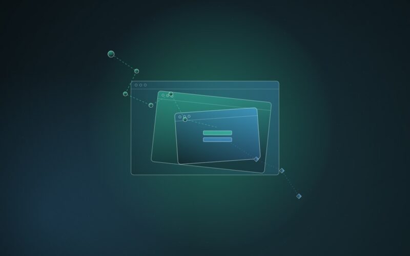 Abstract illustration of three nested browser windows, the innermost tilted and offset, with a dotted chain of nodes leading into it and a second dotted path relaying out, on a dark teal background.