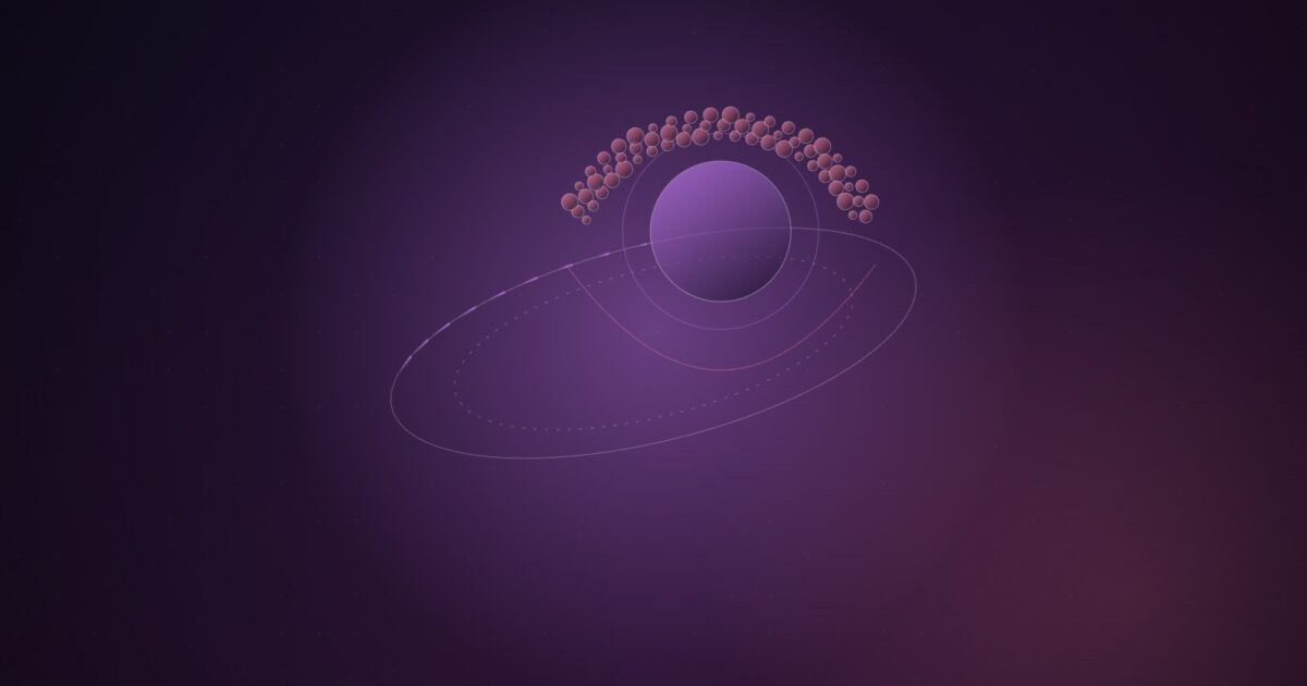 Abstract illustration of an arc of small rose-coloured nodes, like a crowd of channels, gathered over a large violet sphere whose orbit trail shortens as it slows, on a purple-to-plum gradient