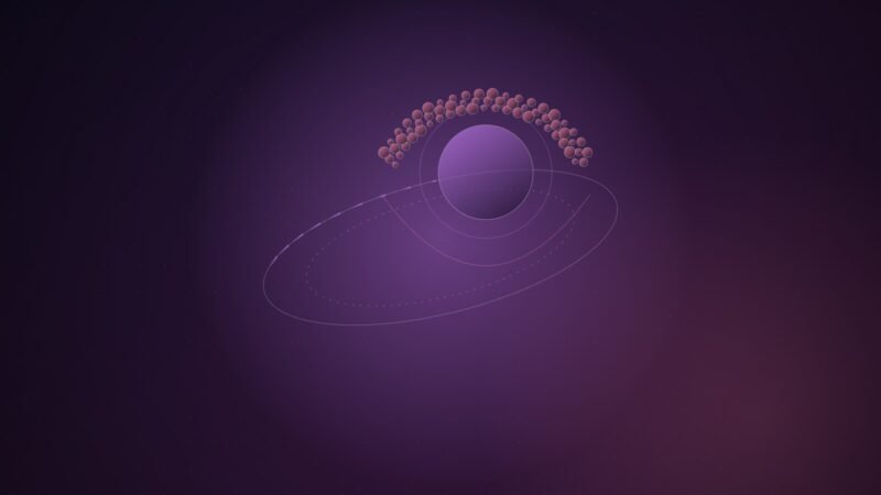 Abstract illustration of an arc of small rose-coloured nodes, like a crowd of channels, gathered over a large violet sphere whose orbit trail shortens as it slows, on a purple-to-plum gradient