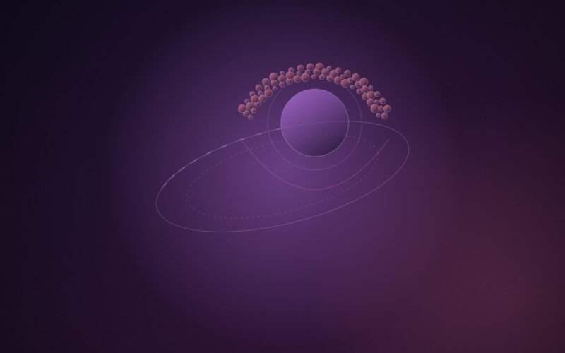 Abstract illustration of an arc of small rose-coloured nodes, like a crowd of channels, gathered over a large violet sphere whose orbit trail shortens as it slows, on a purple-to-plum gradient