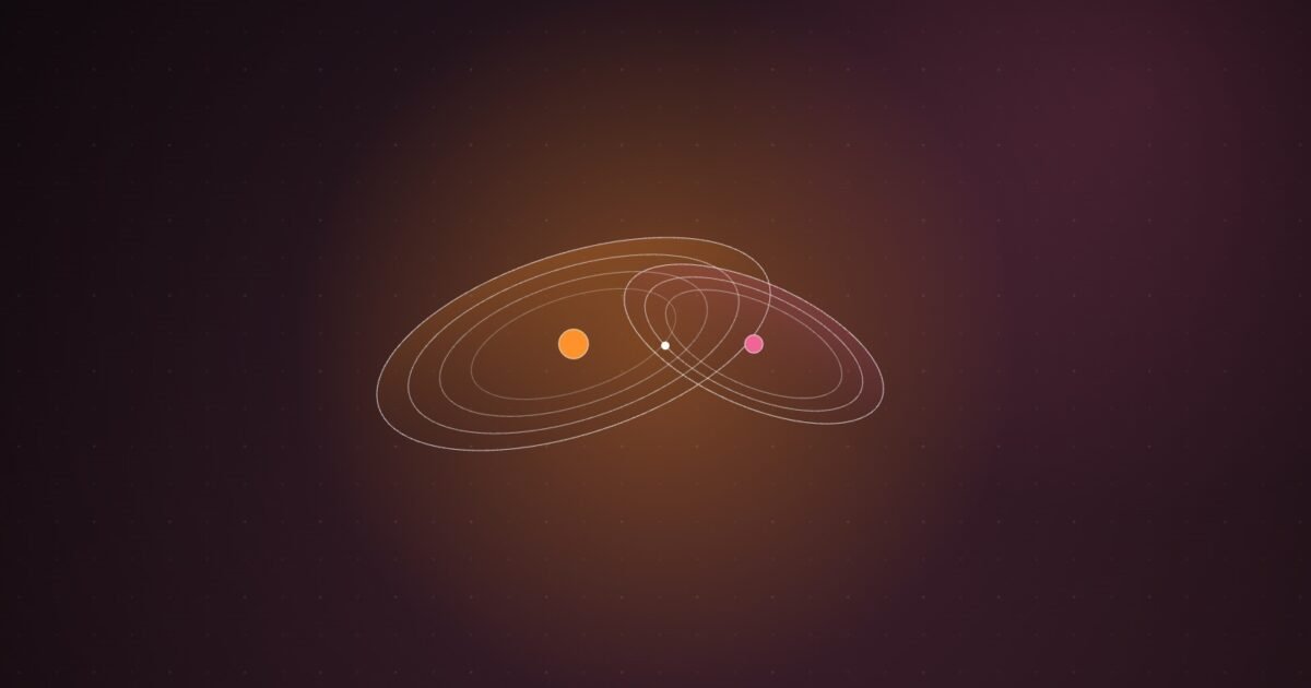 Abstract illustration of two tilted orbital ring systems of different sizes, each circling its own glowing point, overlapping at a single shared node