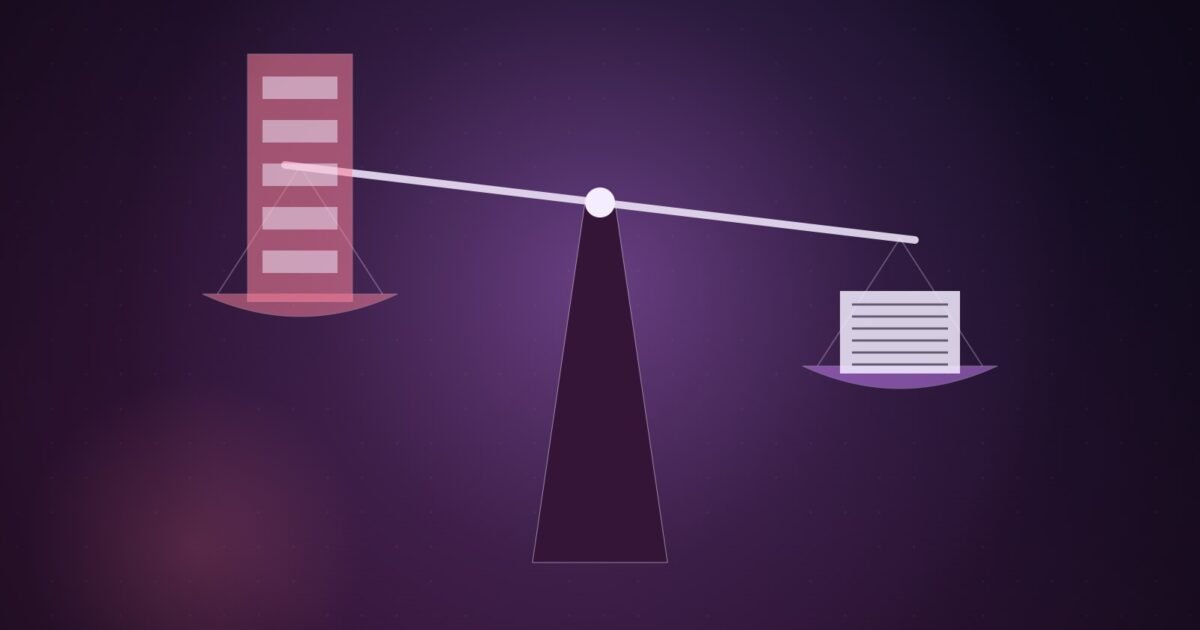 Illustration: a balance scale weighing a tall hype block against a small ledger, with the ledger heavier.