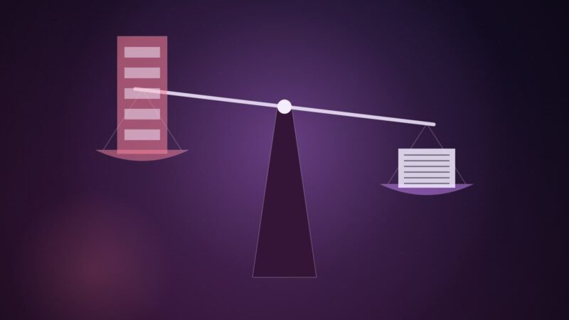Illustration: a balance scale weighing a tall hype block against a small ledger, with the ledger heavier.