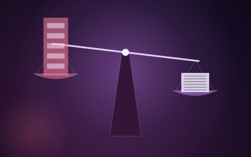 Illustration: a balance scale weighing a tall hype block against a small ledger, with the ledger heavier.