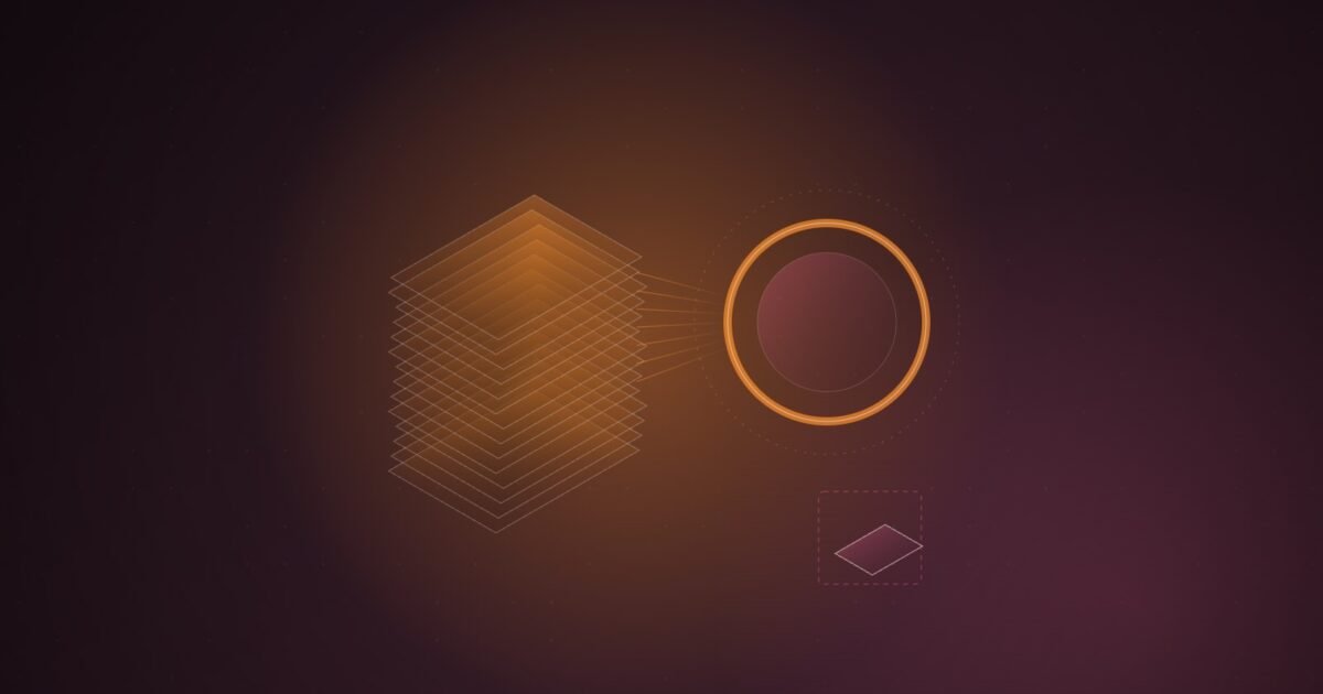 Abstract illustration of a tall stack of thin rectangular pages feeding a circular retrieval ring, with one small offset tab set apart, on a dark plum-to-rose gradient