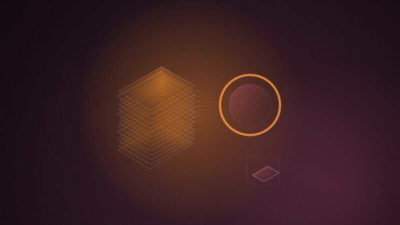 Abstract illustration of a tall stack of thin rectangular pages feeding a circular retrieval ring, with one small offset tab set apart, on a dark plum-to-rose gradient