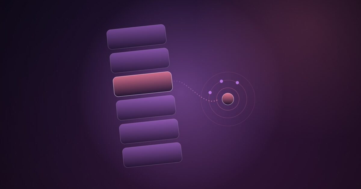 Abstract illustration of a tilted stack of feed tiles, one highlighted in coral, with a dotted path leading to a ringed target on a purple gradient