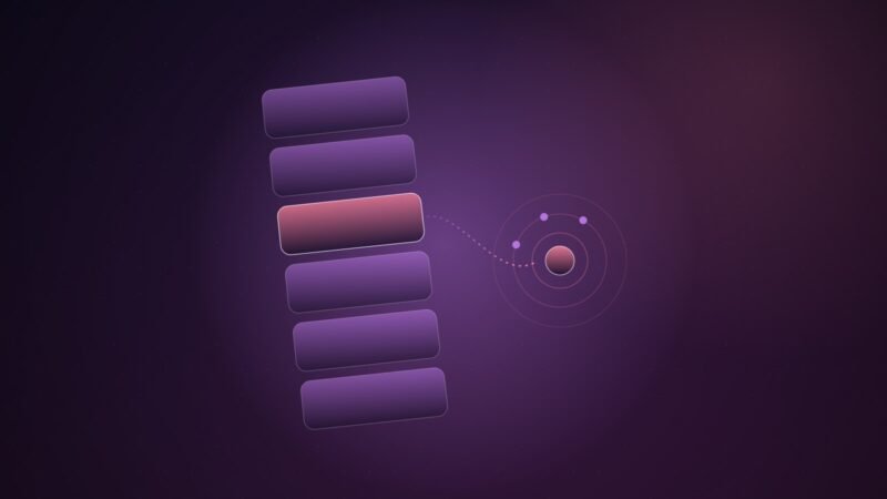 Abstract illustration of a tilted stack of feed tiles, one highlighted in coral, with a dotted path leading to a ringed target on a purple gradient