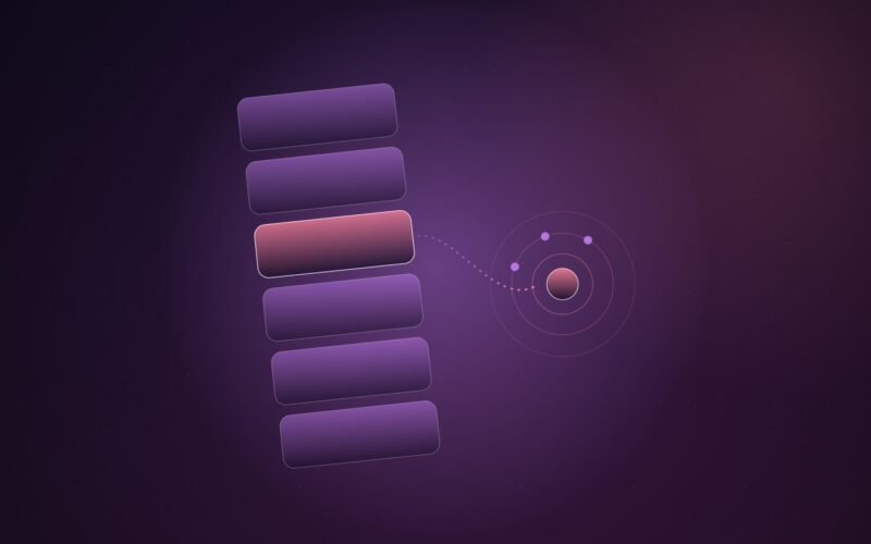 Abstract illustration of a tilted stack of feed tiles, one highlighted in coral, with a dotted path leading to a ringed target on a purple gradient