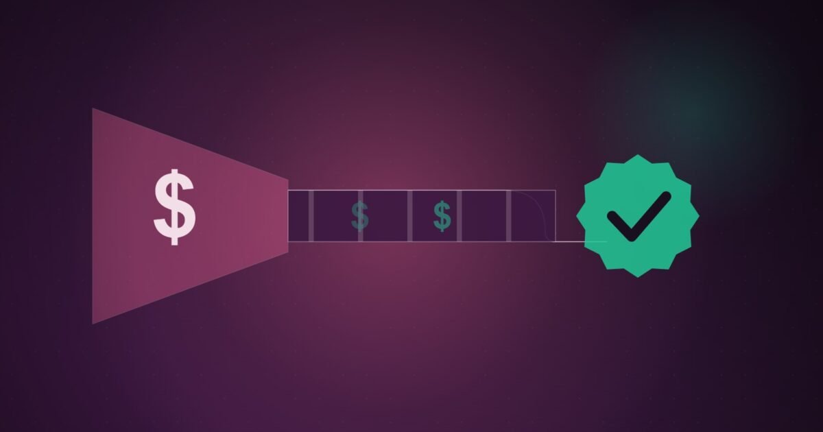 Illustration: a dollar sign funneled through a pipe toward a verified badge.