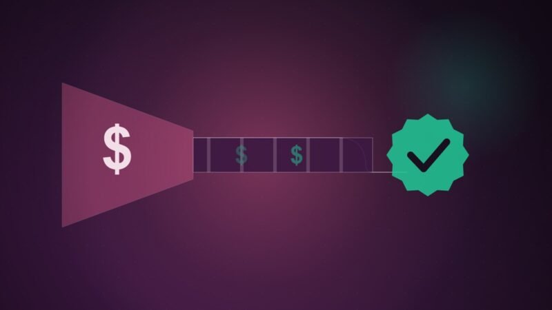 Illustration: a dollar sign funneled through a pipe toward a verified badge.