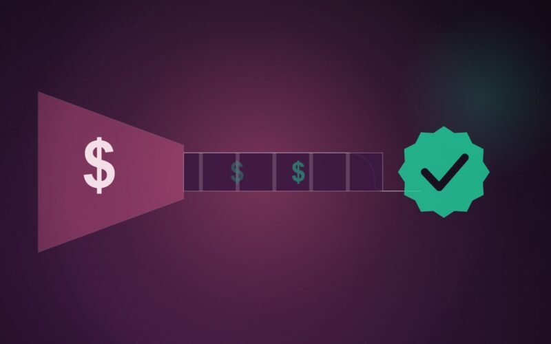 Illustration: a dollar sign funneled through a pipe toward a verified badge.