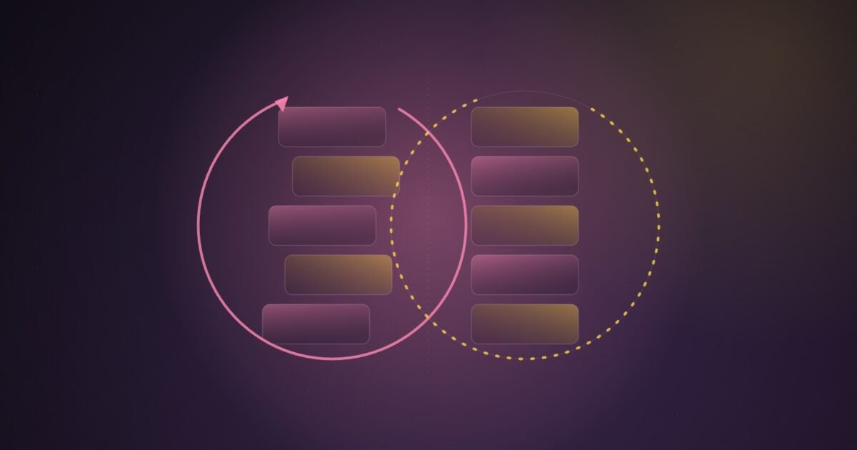 Abstract illustration of two stacks of feed cards, one circled by a solid refresh arrow and shuffled, the other circled by a dotted ring and left unchanged, on a purple gradient