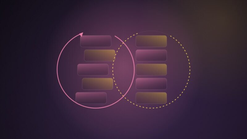 Abstract illustration of two stacks of feed cards, one circled by a solid refresh arrow and shuffled, the other circled by a dotted ring and left unchanged, on a purple gradient