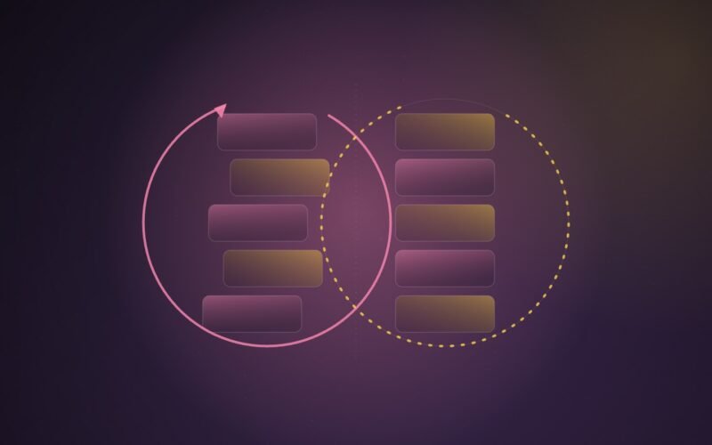 Abstract illustration of two stacks of feed cards, one circled by a solid refresh arrow and shuffled, the other circled by a dotted ring and left unchanged, on a purple gradient