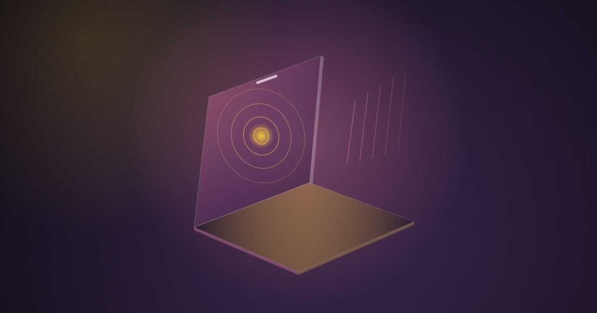 Abstract illustration of a thin, translucent pink hinged plane rising from a glowing gold slab, with concentric yellow ripples spreading from a touch point and faint pink strokes drifting upward.