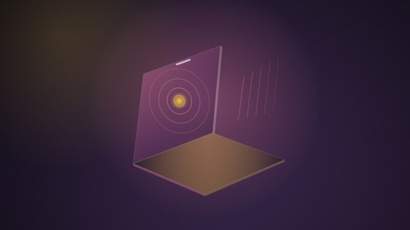 Abstract illustration of a thin, translucent pink hinged plane rising from a glowing gold slab, with concentric yellow ripples spreading from a touch point and faint pink strokes drifting upward.