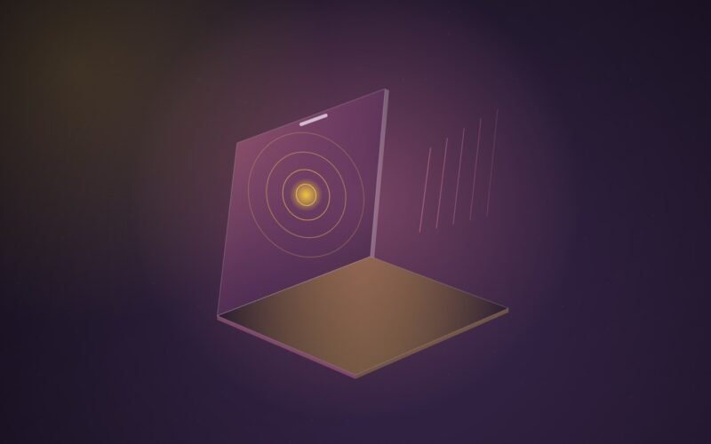 Abstract illustration of a thin, translucent pink hinged plane rising from a glowing gold slab, with concentric yellow ripples spreading from a touch point and faint pink strokes drifting upward.