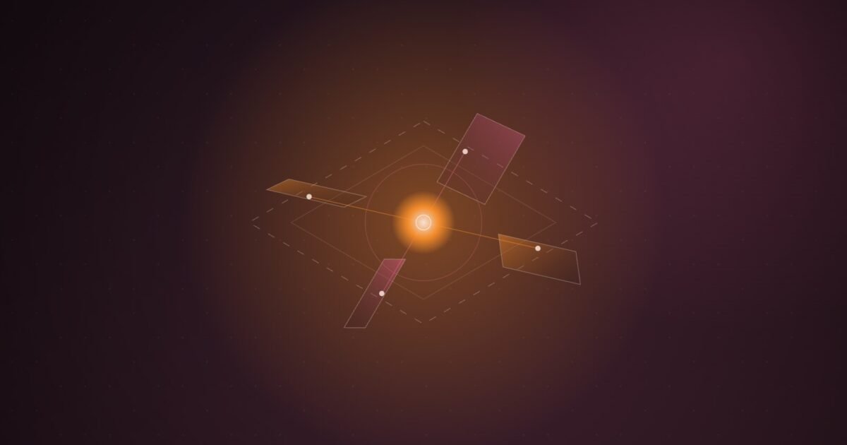 Abstract illustration of four tilted orange and pink planes converging on a small central node, with a faint unfinished frame around them, on a dark maroon dotted background