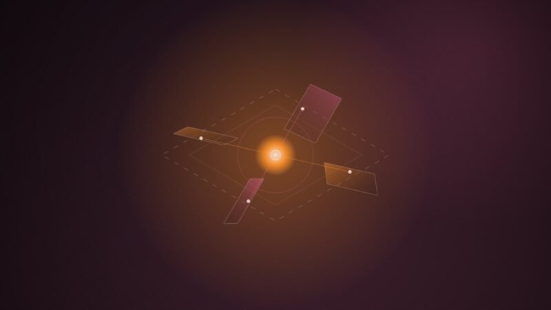Abstract illustration of four tilted orange and pink planes converging on a small central node, with a faint unfinished frame around them, on a dark maroon dotted background