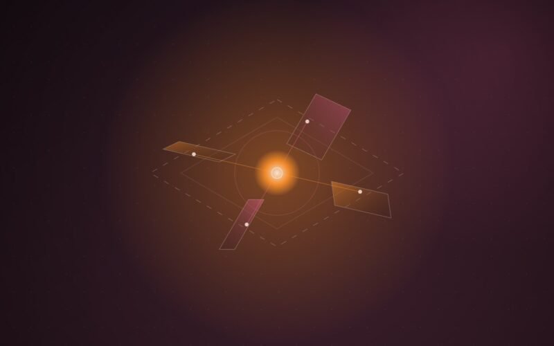Abstract illustration of four tilted orange and pink planes converging on a small central node, with a faint unfinished frame around them, on a dark maroon dotted background