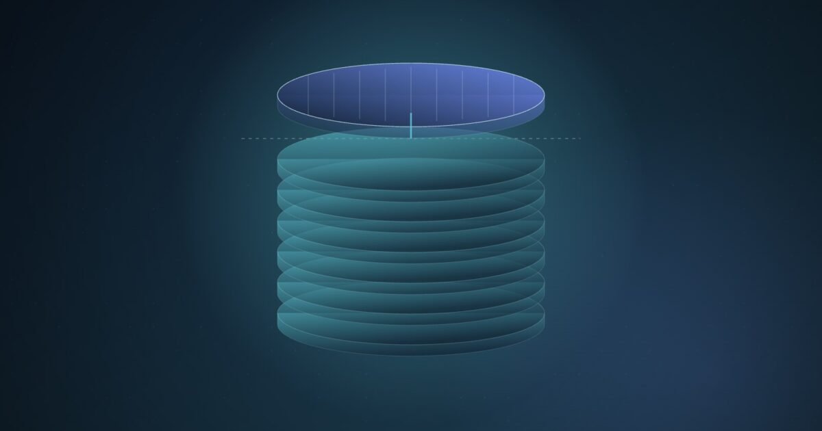 Abstract illustration of a stack of glowing cyan and blue wafer discs rising in steps, the top disc lifting clear of a thin horizontal guide line, on a deep navy gradient