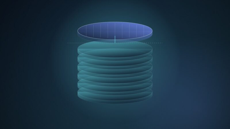 Abstract illustration of a stack of glowing cyan and blue wafer discs rising in steps, the top disc lifting clear of a thin horizontal guide line, on a deep navy gradient