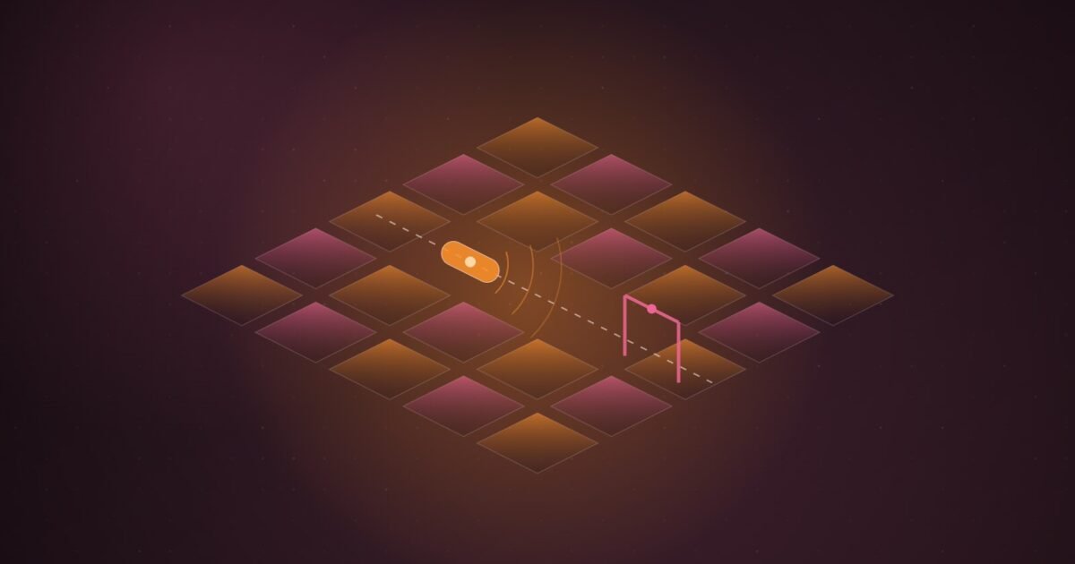 Abstract illustration of an isometric street grid with a glowing capsule-shaped vehicle on a dashed route, approaching an open gate frame, with sensor rings radiating ahead, on a dark plum gradient