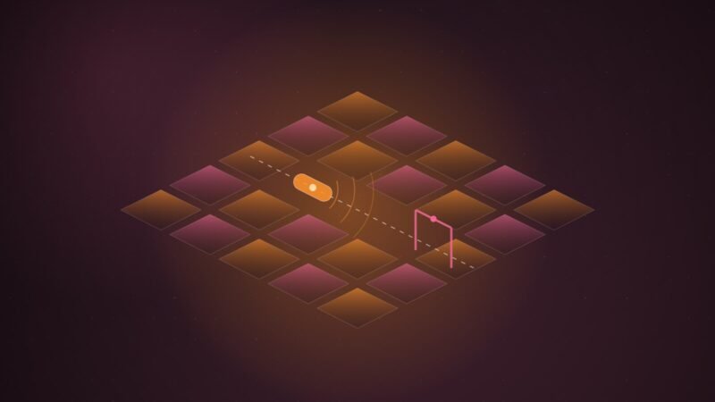 Abstract illustration of an isometric street grid with a glowing capsule-shaped vehicle on a dashed route, approaching an open gate frame, with sensor rings radiating ahead, on a dark plum gradient