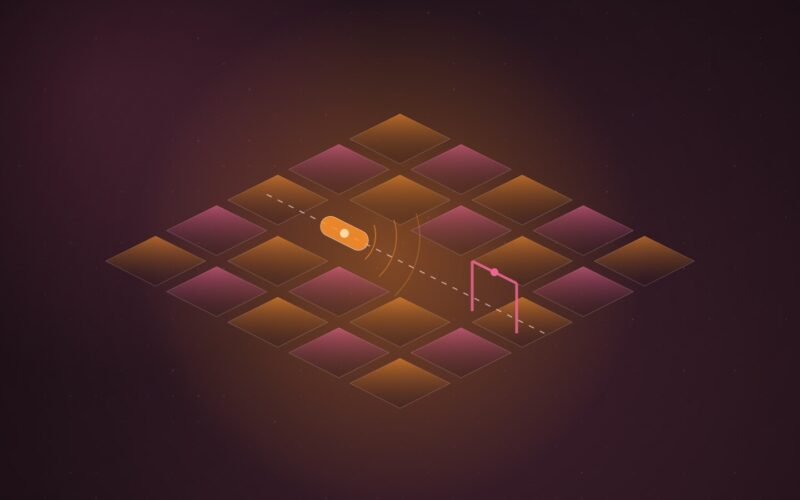 Abstract illustration of an isometric street grid with a glowing capsule-shaped vehicle on a dashed route, approaching an open gate frame, with sensor rings radiating ahead, on a dark plum gradient