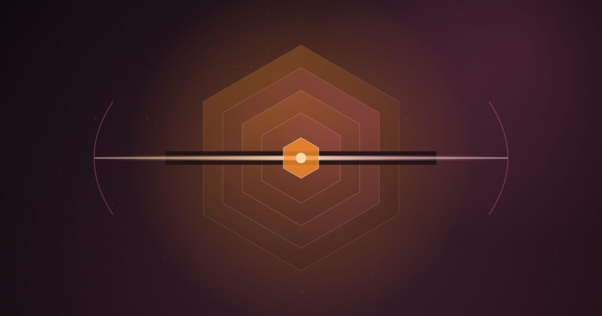 Abstract illustration of a layered hexagonal shield with a single beam of light passing through a reopened gap at its centre, on a dark plum gradient