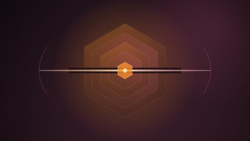 Abstract illustration of a layered hexagonal shield with a single beam of light passing through a reopened gap at its centre, on a dark plum gradient